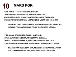 MARS PGRI
PGRI, ABADI, TETAP MEMPERSATUKAN DIRI
DENGAN NAMA NAN SENTOSA, LAHIR NEGARA KITA
WAHAI KAUM GURU SEMUA, BANGUNKAN RAKYAT DARI GLITA
KITALAH PENYULUH BANGSA, MEMBIMBING MELANGKAH KE MUKA
INSAFLAH KAN KEWAJIBAN KITA, MENDIDIK MENGAJAR PRAPUTRA
KITA LAH PEMBANGUN JIWA, PENCIPTA KEKUATAN NEGARA
PGRI, ABADI BERNAUNG DIBAWAH SANG PANJI
SINAR SURYA NAN MERATA, ANGGOTANYA BERSAMA
WAHAI KAUM GURU SEMUA, BANGUNKAN RAKYAT DARI GLITA
KITA LAH PENYULUH BANGSA, MEMBIMBING MELANGKAH KE MUKA
INSAFLAH KAN KEWAJIBAN KITA, MENDIDIK MENGAJAR PRAPUTRA
KITA LAH PEMBANGUN JIWA, PENCIPTA KEKUATAN NEGARA
 