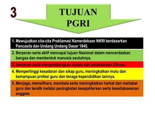TUJUAN
PGRI
1. Mewujudkan cita-cita Proklamasi Kemerdekaan NKRI berdasarkan
Pancasila dan Undang Undang Dasar 1945.
2. Berperan serta aktif mencapai tujuan Nasional dalam mencerdaskan
bangsa dan membentuk manusia seutuhnya.
3. Berperan serta mengembangkan sistem dan pelaksanaan Diknas.
4. Mempertinggi kesadaran dan sikap guru, meningkatkan mutu dan
kemampuan profesi guru dan tenaga kependidikan lainnya.
5. Menjaga, memelihara, membela serta meningkatkan harkat dan martabat
guru dan tendik melalui peningkatan kesejahteraan serta kesetiakawanan
anggota
 
