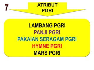 ATRIBUT
PGRI
LAMBANG PGRI
PANJI PGRI
PAKAIAN SERAGAM PGRI
HYMNE PGRI
MARS PGRI
 