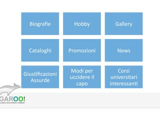 Biogra?e	
 ?

Hobby	
 ?

Gallery	
 ?

Cataloghi	
 ?

Promozioni	
 ?

News	
 ?

GiusB?cazioni	
 ?
Assurde	
 ?

Modi	
 ?per	
 ?
uccidere	
 ?il	
 ?
capo	
 ?

Corsi	
 ?
universitari	
 ?
interessanB	
 ?

 