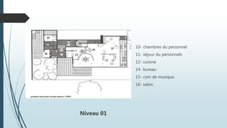 10- chambres du personnel
11- séjour du personnels
12- cuisine
14- bureau
15- coin de musique
16- salon
Niveau 01
 