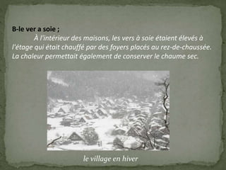 B-le ver a soie ;
À l'intérieur des maisons, les vers à soie étaient élevés à
l'étage qui était chauffé par des foyers placés au rez-de-chaussée.
La chaleur permettait également de conserver le chaume sec.
le village en hiver
 