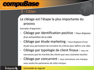 3 - Cibler Le ciblage est l’étape la plus importante du process Exemples d’approche : Ciblage par identification positive :  Vous disposez d’un échantillon de la cible Ciblage par étude marketing :  Vous disposez d’une étude vous permettant de connaitre les critères pour définir une cible. Ciblage par typologie de client finaux :  vous ne connaissez que les marchés des clients que vous souhaitez toucher. Ciblage par concurrent :  vous connaissez une marque, vous voulez les partenaires de cette marque. 