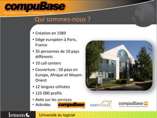 Qui sommes-nous ?  Création en 1989 Siège européen à Paris, France 35 personnes de 10 pays différents 10 call centers Couverture : 50 pays en Europe, Afrique et Moyen-Orient 12 langues utilisées 125 000 profils Axée sur les services Activités: 