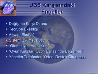 UBS Karşısındaki
               Karşısındaki
              Engeller

Değişime Karşı Direnç
Tecrübe Eksikliği
Altyapı Eksikliği
Sistem Uyumsuzluğu
“Otomasyon Adacıkları”
“Oyun Kuralları Oyun Esnasında Değişmesi”
Yönetim Tarafından Yeterli Destek Olmaması
 