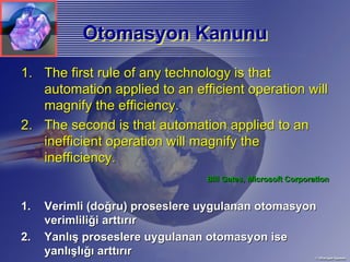 Otomasyon Kanunu
1. The first rule of any technology is that
   automation applied to an efficient operation will
   magnify the efficiency.
2. The second is that automation applied to an
   inefficient operation will magnify the
   inefficiency.
                                Bill Gates, Microsoft Corporation


1.   Verimli (doğru) proseslere uygulanan otomasyon
     verimliliği arttırır
2.   Yanlış proseslere uygulanan otomasyon ise
     yanlışlığı arttırır
 