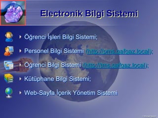 Electronik Bilgi Sistemi

Öğrenci İşleri Bilgi Sistemi;

Personel Bilgi Sistemi (http://pms.qafqaz.local);

Öğrenci Bilgi Sistemi (http://tms.qafqaz.local);

Kütüphane Bilgi Sistemi;

Web-Sayfa İçerik Yönetim Sistemi
 
