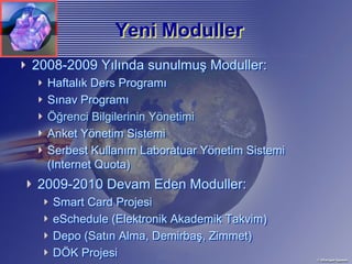 Yeni Moduller
2008-2009 Yılında sunulmuş Moduller:
  Haftalık Ders Programı
  Sınav Programı
  Öğrenci Bilgilerinin Yönetimi
  Anket Yönetim Sistemi
  Serbest Kullanım Laboratuar Yönetim Sistemi
  (Internet Quota)
2009-2010 Devam Eden Moduller:
   Smart Card Projesi
   eSchedule (Elektronik Akademik Takvim)
   Depo (Satın Alma, Demirbaş, Zimmet)
   DÖK Projesi
 