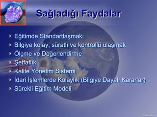 Sağladığı Faydalar
        Sağladığı

Eğitimde Standartlaşmak;
Bilgiye kolay, süratlı ve kontrollü ulaşmak
Ölçme ve Değerlendirme
Şeffaflık
Kalite Yönetim Sistemi
İdari İşlemlerde Kolaylık (Bilgiye Dayalı Kararlar)
Sürekli Eğitim Modeli
 