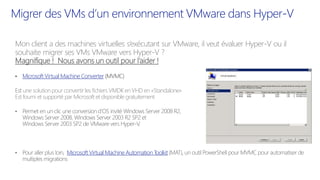 Mon client a des machines virtuelles s’exécutant sur VMware, il veut évaluer Hyper-V ou il
souhaite migrer ses VMs VMware vers Hyper-V ?
• Microsoft Virtual Machine Converter (MVMC)
une solution pour convertir les fichiers VMDK en VHD en «Standalone»
Est fourni et supporté par Microsoft et disponible gratuitement
Microsoft Virtual Machine Automation T
oolkit
 