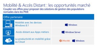 Offre partenaire
Mobilité avec les devices
Windows 8.1
Mobilité & Accès Distant : les opportunités marché
Coupler vos offres pour proposer des solutions de gestion des populations
nomades dans les PME
 