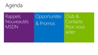 Rappels
Nouveautés
MSDN
Opportunités
& Promos
Club &
Contacts
Pour vous
aider
 