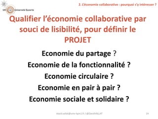 Qualifier l’économie collaborative par
souci de lisibilité, pour définir le
PROJET
david.vallat@univ-lyon1.fr / @DavidVALLAT 14
Economie du partage ?
Economie de la fonctionnalité ?
Economie circulaire ?
Economie en pair à pair ?
Economie sociale et solidaire ?
2. L’économie collaborative : pourquoi s’y intéresser ?
 