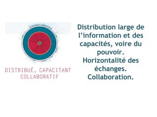 Distribution large de
l’information et des
capacités, voire du
pouvoir.
Horizontalité des
échanges.
Collaboration.
 