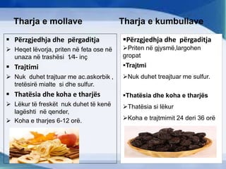 Tharja e mollave Tharja e kumbullave
 Përzgjedhja dhe përgaditja
 Heqet lëvorja, priten në feta ose në
unaza në trashësi 1∕4- inç
 Trajtimi
 Nuk duhet trajtuar me ac.askorbik ,
tretësirë mialte si dhe sulfur.
 Thatësia dhe koha e tharjës
 Lëkur të freskët nuk duhet të kenë
lagështi në qender,
 Koha e tharjes 6-12 orë.
Përzgjedhja dhe përgaditja
Priten në gjysmë,largohen
gropat
Trajtmi
Nuk duhet treajtuar me sulfur.
Thatësia dhe koha e tharjës
Thatësia si lëkur
Koha e trajtmimit 24 deri 36 orë
 