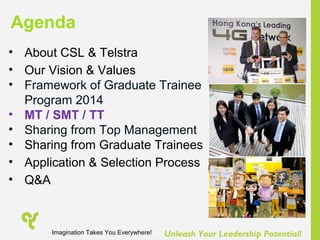 Unleash Your Leadership Potential!
• About CSL & Telstra
• Our Vision & Values
• Framework of Graduate Trainee
Program 2014
• MT / SMT / TT
• Sharing from Top Management
• Sharing from Graduate Trainees
• Application & Selection Process
• Q&A
Agenda
Imagination Takes You Everywhere!
 