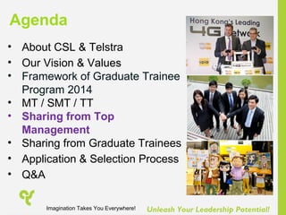 Unleash Your Leadership Potential!
• About CSL & Telstra
• Our Vision & Values
• Framework of Graduate Trainee
Program 2014
• MT / SMT / TT
• Sharing from Top
Management
• Sharing from Graduate Trainees
• Application & Selection Process
• Q&A
Agenda
Imagination Takes You Everywhere!
 