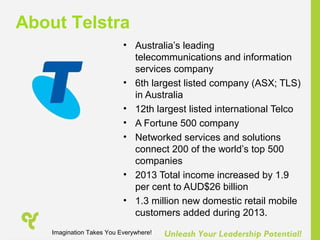 Unleash Your Leadership Potential!
• Australia’s leading
telecommunications and information
services company
• 6th largest listed company (ASX; TLS)
in Australia
• 12th largest listed international Telco
• A Fortune 500 company
• Networked services and solutions
connect 200 of the world’s top 500
companies
• 2013 Total income increased by 1.9
per cent to AUD$26 billion
• 1.3 million new domestic retail mobile
customers added during 2013.
About Telstra
Imagination Takes You Everywhere!
 