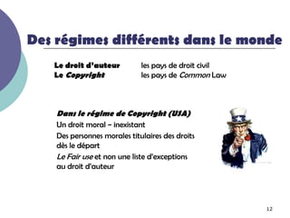 Des régimes différents dans le monde
   Le droit d’auteur          les pays de droit civil
   Le Copyright               les pays de Common Law



    Dans le régime de Copyright (USA)
    Un droit moral ~ inexistant
    Des personnes morales titulaires des droits
    dès le départ
    Le Fair use et non une liste d’exceptions
    au droit d’auteur




                                                        12
 