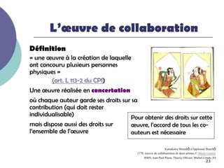 L’œuvre de collaboration
Définition
« une œuvre à la création de laquelle
ont concouru plusieurs personnes
physiques »
        (art. L 113-2 du CPI)
Une œuvre réalisée en concertation
où chaque auteur garde ses droits sur sa
contribution (qui doit rester
individualisable)                    Pour obtenir des droits sur cette
mais dispose aussi des droits sur     œuvre, l’accord de tous les co-
l’ensemble de l’œuvre                 auteurs est nécessaire

                                                               Katsukawa Shunshō et Ippitsusai Bunchō
                                         1770. (œuvre de collaboaration de deux artistes.© Musée Guimet
                                              RMN, Jean Paul Pinon, Thierry Ollivier, Michel Urtado 3D.
                                                                                                23
 