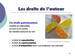 Les droits de l’auteur

Des droits patrimoniaux
cessibles et négociables,
en tout ou en partie,
de manière exclusive ou non


   le droit de reproduction
                                          Citrus Slices. Distopiandreamgirl. CC by-nc-nd. Flickr
   le droit de représentation
   le droit d’adaptation (pour une traduction, par exemple)


                                                                                              44
 