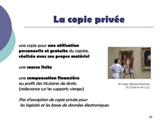 La copie privée

une copie pour une utilisation
personnelle et gratuite du copiste,
réalisée avec son propre matériel

une source licite

une compensation financière
au profit des titulaires de droits                    Art copie. Marylise Doctrinal.
                                                             CC 2.0 by-nc-nd. Flickr
(redevance sur les supports vierges)

Pas d’exception de copie privée pour
les logiciels et les bases de données électroniques

                                                                                  48
 