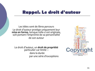 Rappel. Le droit d’auteur

      Les idées sont de libres parcours
Le droit d’auteur protège uniquement leur
mise en forme, lorsque celle-ci est originale,
soit portant l’empreinte de sa personnalité
                de son auteur


  Le droit d’auteur, un droit de propriété
           particulier car limité :
                dans la durée
                par une série d’exceptions



                                                 55
 