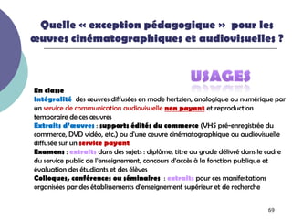 Quelle « exception pédagogique » pour les
œuvres cinématographiques et audiovisuelles ?



En classe
Intégralité des œuvres diffusées en mode hertzien, analogique ou numérique par
un service de communication audiovisuelle non payant et reproduction
temporaire de ces œuvres
Extraits d’œuvres : supports édités du commerce (VHS pré-enregistrée du
commerce, DVD vidéo, etc.) ou d'une œuvre cinématographique ou audiovisuelle
diffusée sur un service payant
Examens : extraits dans des sujets : diplôme, titre au grade délivré dans le cadre
du service public de l’enseignement, concours d’accès à la fonction publique et
évaluation des étudiants et des élèves
Colloques, conférences ou séminaires : extraits pour ces manifestations
organisées par des établissements d’enseignement supérieur et de recherche


                                                                            69
 