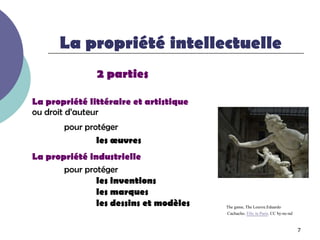 La propriété intellectuelle
               2 parties

La propriété littéraire et artistique
ou droit d’auteur
       pour protéger
               les œuvres
La propriété industrielle
       pour protéger
               les inventions
               les marques
               les dessins et modèles   The game, The Louvre.Eduardo
                                        Cachucho. Efrc in Paris. CC by-nc-nd


                                                                               7
 
