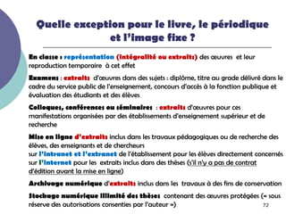 Quelle exception pour le livre, le périodique
               et l’image fixe ?
En classe : représentation (intégralité ou extraits) des œuvres et leur
reproduction temporaire à cet effet
Examens : extraits d’œuvres dans des sujets : diplôme, titre au grade délivré dans le
cadre du service public de l’enseignement, concours d’accès à la fonction publique et
évaluation des étudiants et des élèves
Colloques, conférences ou séminaires : extraits d’œuvres pour ces
manifestations organisées par des établissements d’enseignement supérieur et de
recherche
Mise en ligne d’extraits inclus dans les travaux pédagogiques ou de recherche des
élèves, des enseignants et de chercheurs
sur l’intranet et l’extranet de l’établissement pour les élèves directement concernés
sur l’internet pour les extraits inclus dans des thèses (s’il n’y a pas de contrat
d’édition avant la mise en ligne)
Archivage numérique d’extraits inclus dans les travaux à des fins de conservation
Stockage numérique illimité des thèses contenant des œuvres protégées (« sous
réserve des autorisations consenties par l’auteur »)                   72
 