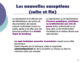 Les nouvelles exceptions
          (suite et fin)
La reproduction et la diffusion par    La reproduction ou la représentation
des bibliothèques, des centres de      d’œuvres graphiques, plastiques
documentation, des espaces             ou architecturales par voie de
culturels multimédias ouverts au       presse écrite, audiovisuelle ou en
public, agréés à cet effet, pour des   ligne, dans un but d’information
personnes justifiant d’un certain      immédiate et en relation directe avec
degré de handicap                      cette dernière


  La copie technique accessoire et provisoire n’ayant aucun effet
  économique
  Copies imposées par la technique, créées et supprimées
  automatiquement lors de la circulation sur réseaux ou dans les
  mémoires cache, par exemple.



                                                                          77
 