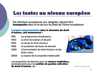 Les textes au niveau européen
 Des directives européennes qui, adoptées, doivent être
 transposées dans la loi de tous les États de l’Union européenne

L’acquis communautaire dans le domaine du droit
d’auteur, soit notamment :
1991     Les programmes d’ordinateurs
1992     Le droit de location et de prêt
1993     La durée du droit d’auteur
1996     La protection des bases de données
2001     L’harmonisation du droit d’auteur et des
         droits voisins
2004     Le respect de la propriété intellectuelle

une proposition de directive pour les œuvres orphelines,
prochainement pour les sociétés de gestion collective
de droit d’auteur, etc.                                    Sur le site. Le Québécois libre

                                                                                             9
 