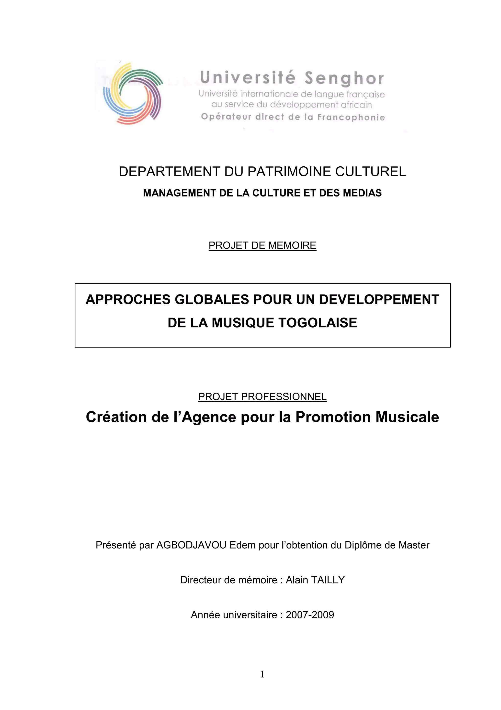 Projet de Mémoire de Master en Management de la Culture et des Médias | PDF