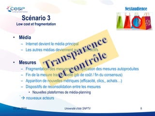 Média Internet devient le média principal Les autres médias deviennent aussi interactifs Mesures Fragmentation des mesures et multiplication des mesures autoproduites  Fin de la mesure traditionnelle (pb de coût / fin du consensus) Apparition de nouvelles métriques (efficacité, clics,, achats…) Dispositifs de reconsolidation entre les mesures Nouvelles plateformes de média-planning    nouveaux acteurs  Scénario 3 Low cost et fragmentation Université d’été SNPTV 29 juin 2010 