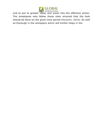 and to put to greater ideas and views into the efective action.
The employees who follow these roles ensured that the task
should be done on the given time period (Houston, 2015). As well
as thorough in the workplace which will further helps in the
 