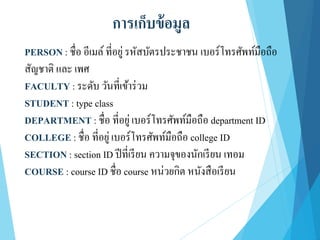 PERSON : ชื่อ อีเมล์ที่อยู่รหัสบัตรประชาชน เบอร์โทรศัพท์มือถือ
สัญชาติ และ เพศ
FACULTY : ระดับ วันที่เข้าร่วม
STUDENT : type class
DEPARTMENT : ชื่อ ที่อยู่เบอร์โทรศัพท์มือถือ department ID
COLLEGE : ชื่อ ที่อยู่เบอร์โทรศัพท์มือถือ college ID
SECTION : section ID ปีที่เรียน ความจุของนักเรียน เทอม
COURSE : course ID ชื่อ course หน่วยกิต หนังสือเรียน
การเก็บข้อมูล
 
