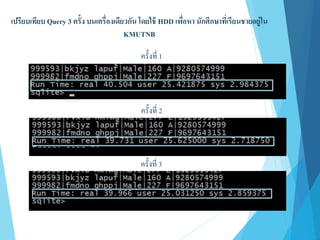 ครั้งที่ 1
ครั้งที่ 3
ครั้งที่ 2
เปรียบเทียบ Query 3 ครั้ง บนเครื่องเดียวกัน โดยใช้ HDD เพื่อหา นักศึกษาที่เรียนชายอยู่ใน
KMUTNB
 