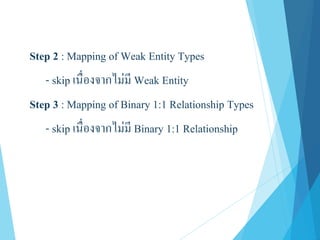 Step 2 : Mapping of Weak Entity Types
- skip เนื่องจากไม่มี Weak Entity
Step 3 : Mapping of Binary 1:1 Relationship Types
- skip เนื่องจากไม่มี Binary 1:1 Relationship
 