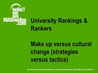 University Rankings &
     Rankers

     Make up versus cultural
     change (strategies
     versus tactics)
3ed. International Conference & Workshop on University Web Rankings. CSIC, Madrid, Spain, 10/04/2011 1
 