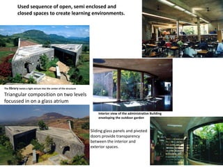 The library twists a light atrium into the center of the structure
Interior view of the administrative Building
enveloping the outdoor garden
Used sequence of open, semi enclosed and
closed spaces to create learning environments.
Sliding glass panels and pivoted
doors provide transparency
between the interior and
exterior spaces.
Triangular composition on two levels
focussed in on a glass atrium
 
