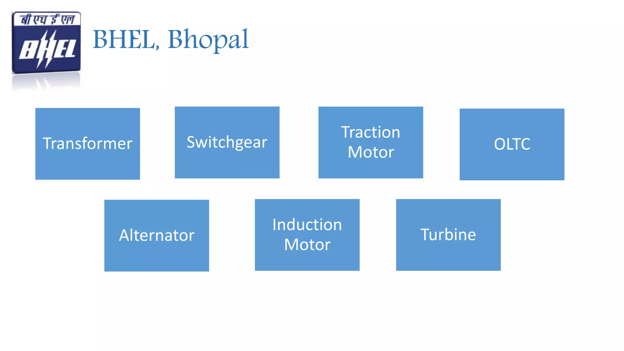 Transformer
Traction
Motor OLTCSwitchgear
Induction
Motor
Alternator Turbine
BHEL, Bhopal
 