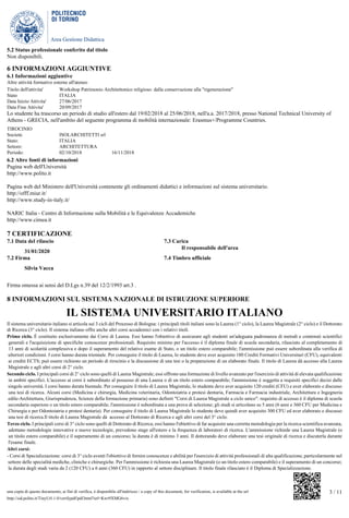Area Gestione Didattica
3 / 11una copia di questo documento, ai fini di verifica, è disponibile all'indirizzo / a copy of this document, for verification, is available at the url
http://sid.polito.it/TinyUrl-1.0/verifypdf/pdf.html?url=Kwr9XMG6vix
5.2 Status professionale conferito dal titolo
Non disponibili.
6 INFORMAZIONI AGGIUNTIVE
6.1 Informazioni aggiuntive
Altre attività formative esterne all'ateneo
Titolo dell'attivita' Workshop Patrimonio Architettonico religioso: dalla conservazione alla "rigenerazione"
Stato ITALIA
Data Inizio Attivita' 27/06/2017
Data Fine Attivita' 20/09/2017
Lo studente ha trascorso un periodo di studio all'estero dal 19/02/2018 al 25/06/2018, nell'a.a. 2017/2018, presso National Technical University of
Athens - GRECIA, nell'ambito del seguente programma di mobilità internazionale: Erasmus+/Programme Countries.
TIROCINIO
Società: ISOLARCHITETTI srl
Stato: ITALIA
Settore: ARCHITETTURA
Periodo: 02/10/2018 16/11/2018
6.2 Altre fonti di informazioni
Pagina web dell'Università
http://www.polito.it
Pagina web del Ministero dell'Università contenente gli ordinamenti didattici e informazioni sul sistema universitario.
http://offf.miur.it/
http://www.study-in-italy.it/
NARIC Italia - Centro di Informazione sulla Mobilità e le Equivalenze Accademiche
http://www.cimea.it
7 CERTIFICAZIONE
7.1 Data del rilascio
31/01/2020
7.3 Carica
Il responsabile dell'area
7.2 Firma
Silvia Vacca
Firma omessa ai sensi del D.Lgs n.39 del 12/2/1993 art.3 .
7.4 Timbro ufficiale
8 INFORMAZIONI SUL SISTEMA NAZIONALE DI ISTRUZIONE SUPERIORE
IL SISTEMA UNIVERSITARIO ITALIANO
Il sistema universitario italiano si articola sui 3 cicli del Processo di Bologna: i principali titoli italiani sono la Laurea (1° ciclo), la Laurea Magistrale (2° ciclo) e il Dottorato
di Ricerca (3° ciclo). Il sistema italiano offre anche altri corsi accademici con i relativi titoli.
Primo ciclo. É costituito esclusivamente dai Corsi di Laurea. Essi hanno l'obiettivo di assicurare agli studenti un'adeguata padronanza di metodi e contenuti scientifici
generali e l'acquisizione di specifiche conoscenze professionali. Requisito minimo per l'accesso è il diploma finale di scuola secondaria, rilasciato al completamento di
13 anni di scolarità complessiva e dopo il superamento del relativo esame di Stato, o un titolo estero comparabile; l'ammissione può essere subordinata alla verifica di
ulteriori condizioni. I corsi hanno durata triennale. Per conseguire il titolo di Laurea, lo studente deve aver acquisito 180 Crediti Formativi Universitari (CFU), equivalenti
ai crediti ECTS; può essere richiesto un periodo di tirocinio e la discussione di una tesi o la preparazione di un elaborato finale. Il titolo di Laurea dà accesso alla Laurea
Magistrale e agli altri corsi di 2° ciclo.
Secondo ciclo. I principali corsi di 2° ciclo sono quelli di Laurea Magistrale; essi offrono una formazione di livello avanzato per l'esercizio di attività di elevata qualificazione
in ambiti specifici. L'accesso ai corsi è subordinato al possesso di una Laurea o di un titolo estero comparabile; l'ammissione è soggetta a requisiti specifici decisi dalle
singole università. I corsi hanno durata biennale. Per conseguire il titolo di Laurea Magistrale, lo studente deve aver acquisito 120 crediti (CFU) e aver elaborato e discusso
una tesi di ricerca. Alcuni corsi (Medicina e chirurgia, Medicina veterinaria, Odontoiatria e protesi dentaria, Farmacia e Farmacia industriale, Architettura e Ingegneria
edile-Architettura, Giurisprudenza, Scienze della formazione primaria) sono definiti "Corsi di Laurea Magistrale a ciclo unico": requisito di accesso è il diploma di scuola
secondaria superiore o un titolo estero comparabile; l'ammissione è subordinata a una prova di selezione; gli studi si articolano su 5 anni (6 anni e 360 CFU per Medicina e
Chirurgia e per Odontoiatria e protesi dentaria). Per conseguire il titolo di Laurea Magistrale lo studente deve quindi aver acquisito 300 CFU ed aver elaborato e discusso
una tesi di ricerca.Il titolo di Laurea Magistrale dà accesso al Dottorato di Ricerca e agli altri corsi del 3° ciclo.
Terzo ciclo. I principali corsi di 3° ciclo sono quelli di Dottorato di Ricerca; essi hanno l'obiettivo di far acquisire una corretta metodologia per la ricerca scientifica avanzata,
adottano metodologie innovative e nuove tecnologie, prevedono stage all'estero e la frequenza di laboratori di ricerca. L'ammissione richiede una Laurea Magistrale (o
un titolo estero comparabile) e il superamento di un concorso; la durata è di minimo 3 anni. Il dottorando deve elaborare una tesi originale di ricerca e discuterla durante
l'esame finale.
Altri corsi:
- Corsi di Specializzazione: corsi di 3° ciclo aventi l'obiettivo di fornire conoscenze e abilità per l'esercizio di attività professionali di alta qualificazione, particolarmente nel
settore delle specialità mediche, cliniche e chirurgiche. Per l'ammissione è richiesta una Laurea Magistrale (o un titolo estero comparabile) e il superamento di un concorso;
la durata degli studi varia da 2 (120 CFU) a 6 anni (360 CFU) in rapporto al settore disciplinare. Il titolo finale rilasciato è il Diploma di Specializzazione.
 