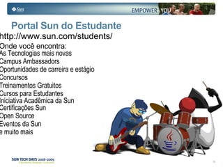 Sun está Comprometida com Comunidades Java Infrastructure Ecosystem Community Solaris Construindo Comunidades Livres  e Abertas   Construindo um Ecosistema Vibrante: Sun é o maior  Contribuidor Comercial para Comunidades Open Source SPARC java.net The Source for Java Technology Collaboration 