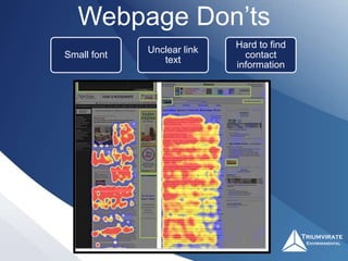 Webpage Don’ts
Small font
Unclear link
text
Hard to find
contact
information
 
