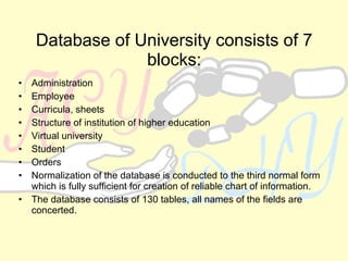 Database  of  University consists of 7 blocks : Administration Employee Curricula, sheets Structure of institution of higher education Virtual university Student  Orders Normalization of the database is conducted to the third normal form which is fully sufficient for creation of reliable chart of information. The database consists of 130 tables, all names of the fields are concerted. 