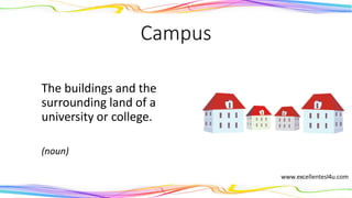 Campus
The buildings and the
surrounding land of a
university or college.
(noun)
 