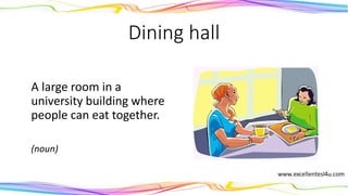 Dining hall
A large room in a
university building where
people can eat together.
(noun)
 