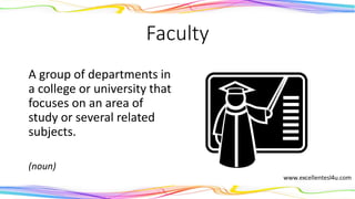 Faculty
A group of departments in
a college or university that
focuses on an area of
study or several related
subjects.
(noun)
 