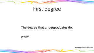 First degree
The degree that undergraduates do.
(noun)
 