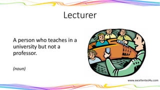 Lecturer
A person who teaches in a
university but not a
professor.
(noun)
 